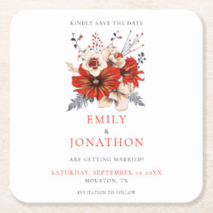 Rode Waterverf Bloemen Bruiloft Save The Date Vierkante Kartonnen Onderzetter