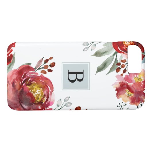Rode Waterverf bloemen met eenvoudig monogram Case-Mate iPhone Case (Achterkant (Horizontaal))