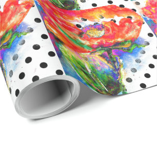 Rode waterverf bloemenzwart en witte polka-stippen cadeaupapier