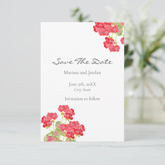 Rode Waterverf Geraniums 2 Bewaar de datum Save The Date (Staand voorkant)