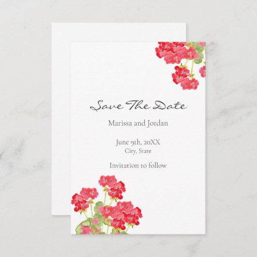 Rode Waterverf Geraniums 2 Bewaar de datum Save The Date (Voorkant / Achterkant)