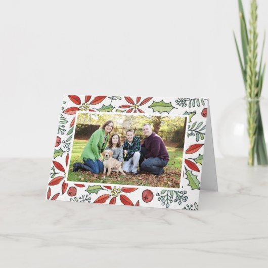 Rode Waterverf geschilderd Poinsettia en Holly fot Feestdagen Kaart (Voorkant)