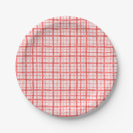 Rode Waterverf Gingham Pattern Verjaardag Papieren Bordje