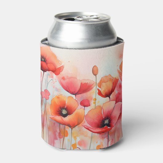 Rode Waterverf klaprozen in een veld Blikjeskoeler (Blikje Voorkant)