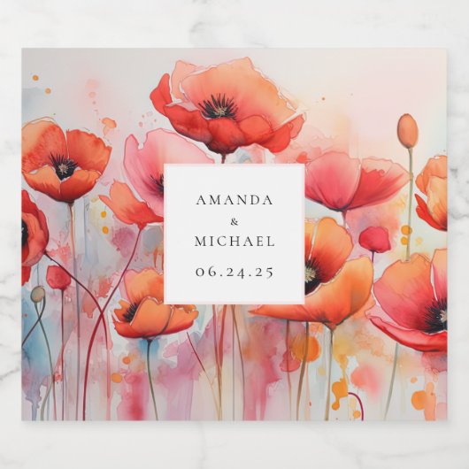 Rode Waterverf klaprozen in een veld - bruiloft Bier Etiket (Enkel label)