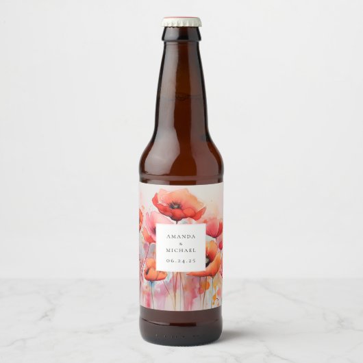 Rode Waterverf klaprozen in een veld - bruiloft Bier Etiket (Voorkant)