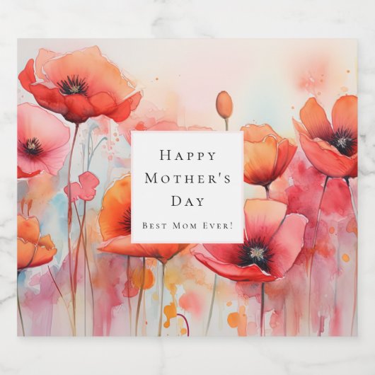 Rode Waterverf klaprozen in een veld - Moederdag Sparkling Wijnetiket (Enkel label)