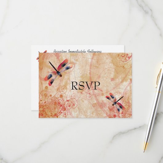 Rode Waterverf Libellen Bruiloftsreceptie RSVP (Voorkant / Achterkant in situ)