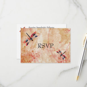 Rode Waterverf Libellen Huwelijksreceptie RSVP Kaartje