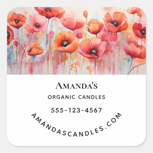 Rode Waterverf Papavers op een Zakelijk Veld Vierkante Sticker (Voorkant)