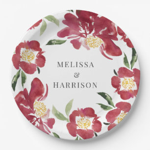 Rode Waterverf Pioen Bruiloft Papieren Bordje