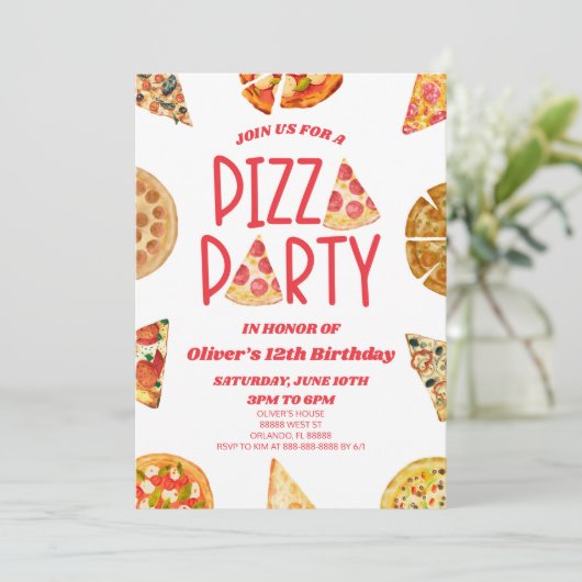 Rode Waterverf Pizza Feest Verjaardagsfeest Kaart (Staand voorkant)