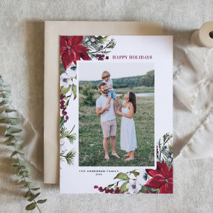 Rode Waterverf Poinsettia Botanische foto Feestdagen Kaart