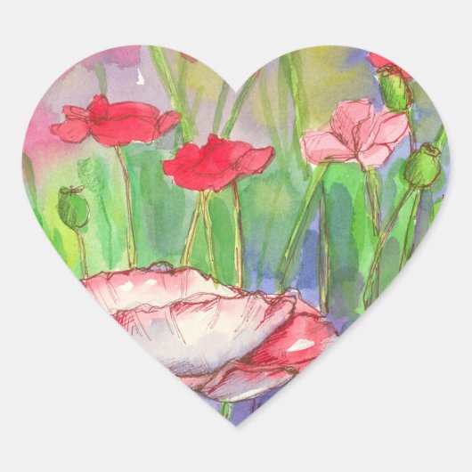 Rode Waterverf Poppy Flowers Hart Sticker (Voorkant)