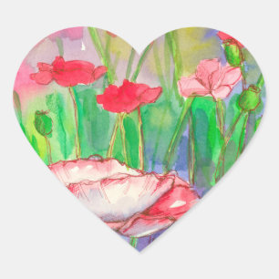 Rode Waterverf Poppy Flowers Hart Sticker