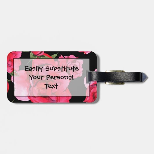Rode Waterverf Rozen en groen op zwart Bagagelabel (Achterkant horizontaal)