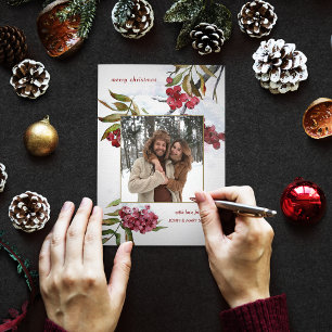 Rode Waterverf winterbessen op sneeuwfoto Drieluik Kaart