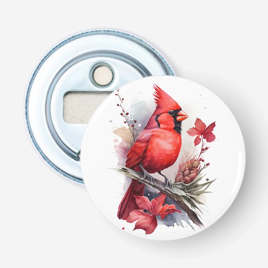 Rode Waterverf Winterkardinaal Button Flesopener (Voorkant)