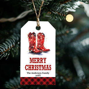 Rode westernlaarzen feestelijke kerstcadeautag cadeaulabel
