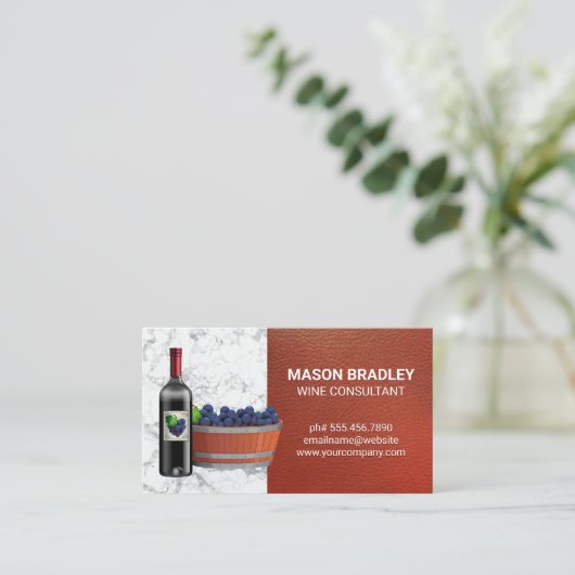 Rode wijn en druivenemmer | Rood leren marmer Visitekaartje (Staand voorkant)