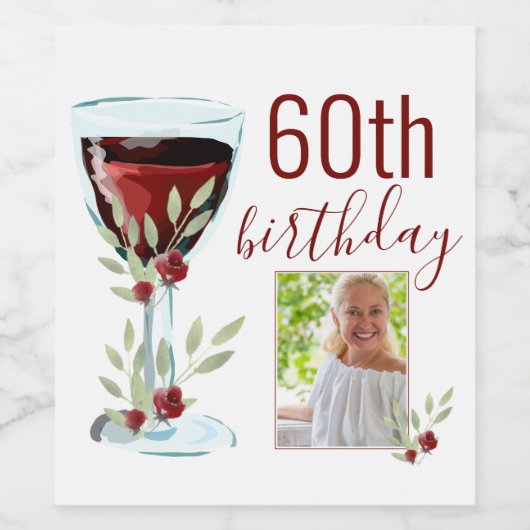 Rode Wijn Roos Waterverf Foto 60e Verjaardag Wijn Etiket (Enkel label)
