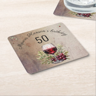Rode wijnglas olijf Waterverf 50ste verjaardag Vierkante Kartonnen Onderzetter