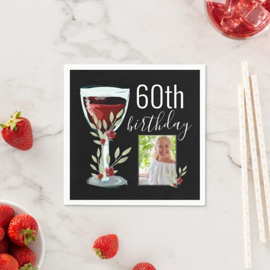 Rode Wijnglas Waterverf Foto 60e Verjaardag Servet (Insitu)