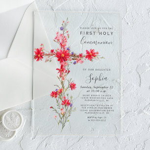 Rode Wilde Bloemen Bloemkruis Eerste Communie Acryl Uitnodigingen