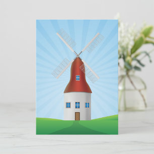Rode windmolen op groene heuvels blauwe lucht kaart