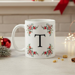 Rode Winter Bloemen Monogram Koffiemok