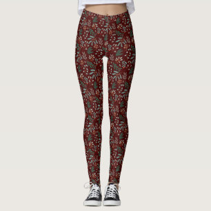 Rode Winter Botanische Patroon Leggings