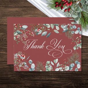 Rode Winter Pine Berries Eucalyptus Wedding Bedankkaart