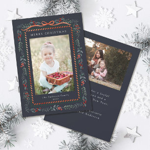 Rode Winterberry Lijst Christmas 2 Foto Navy Blue Feestdagenkaart