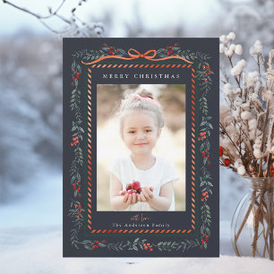 Rode Winterberry Lijst Navy Kerstfoto Feestdagenkaart