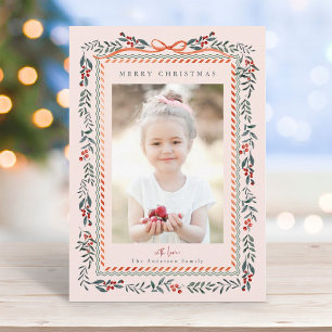 Rode Winterberry Lijst Roze Kerstfoto Feestdagenkaart