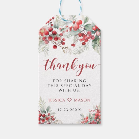 Rode winterbessen Kerstmis dank u bruiloft Cadeaulabel (Voorkant)