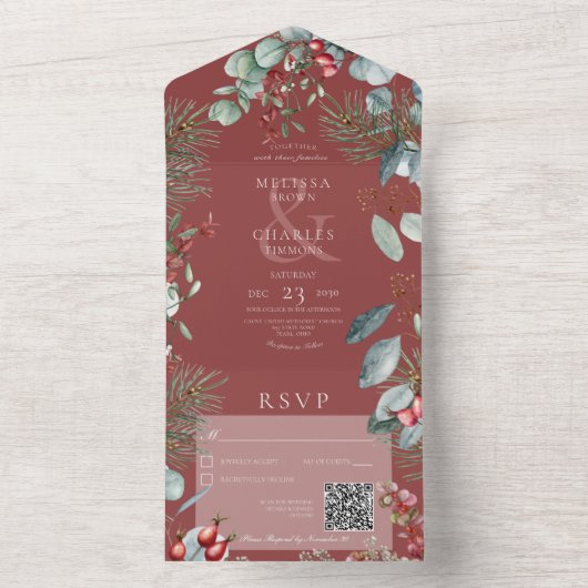 Rode winterpine bessen Eucalyptus QR-code All In One Uitnodiging (Binnen)
