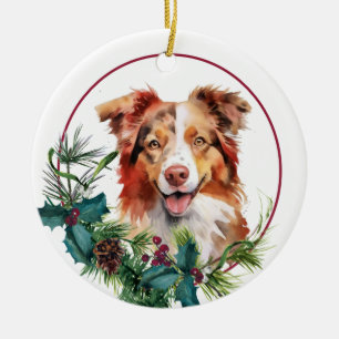 Rode Witte Australische Herdershond Groene Krans Keramisch Ornament