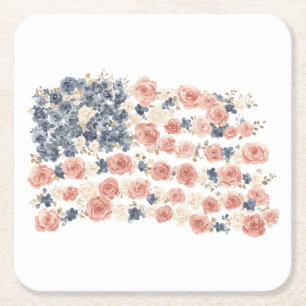 Rode Witte Blauwe Bloemen Vierkante Kartonnen Onderzetter