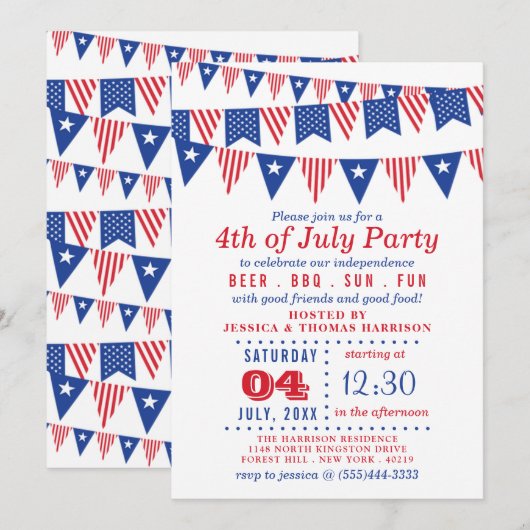 Rode, Witte & Blauwe Buntingvlaggen 4e Juli Feestj Kaart (Voorkant / Achterkant)
