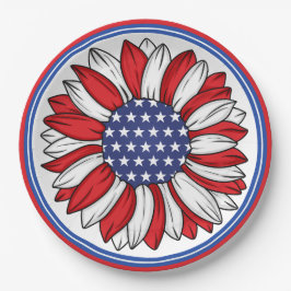 Rode, witte, blauwe patriottische zonnebloem papieren bordje