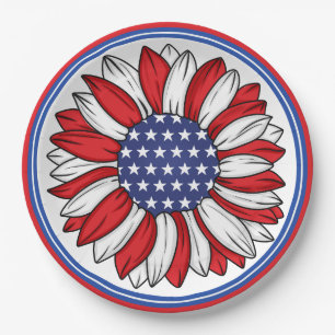 Rode, witte, blauwe patriottische zonnebloem papieren bordje