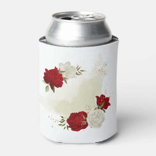 Rode witte bloemen groen blikjeskoeler (Blikje Voorkant)