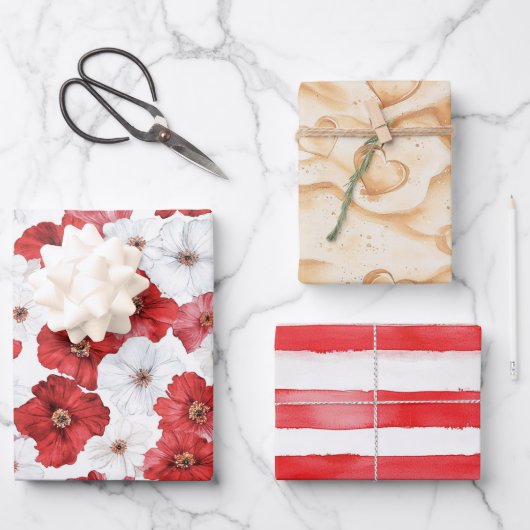 Rode Witte Bloemen Harten Bruiloftszand Bruidsfees Inpakpapier Vel (Voorkant)