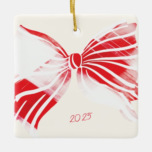 Rode Witte Candy Cane Big Christmas Bow Foto Keramisch Ornament (Voorkant)