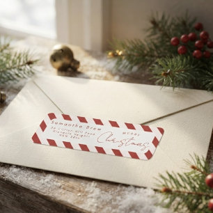 Rode & Witte Candy Cane Strepen Prettig Kerstfeest Etiket