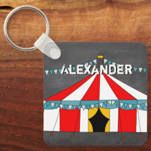 Rode & Witte Circus Tent met Blauwe Bunting Sleutelhanger