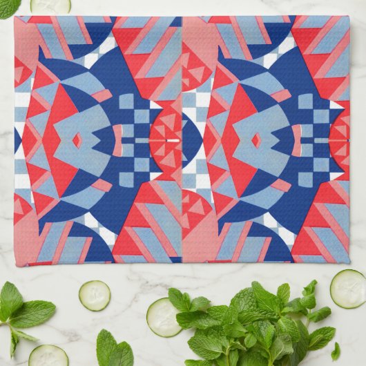 rode witte en blauwe abstracte afdruk #1 theedoek (Gevouwen)