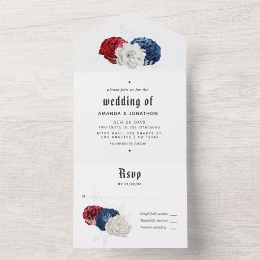 Rode Witte en Blauwe Amerikaanse bruiloft All In One Uitnodiging (Binnen)