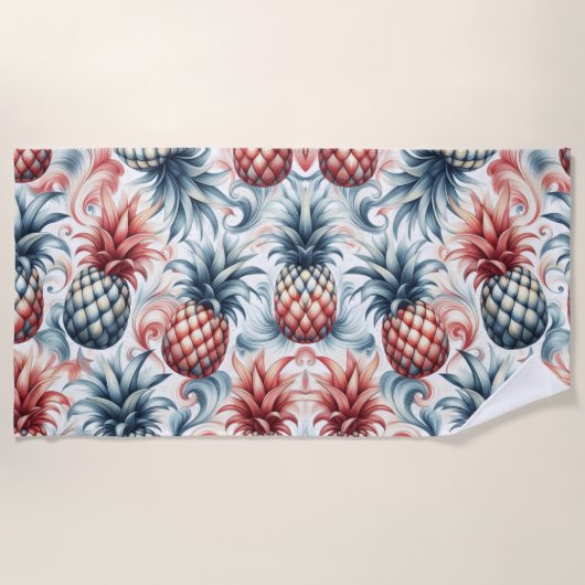 Rode, witte en blauwe ananas strandlaken (Voorkant)